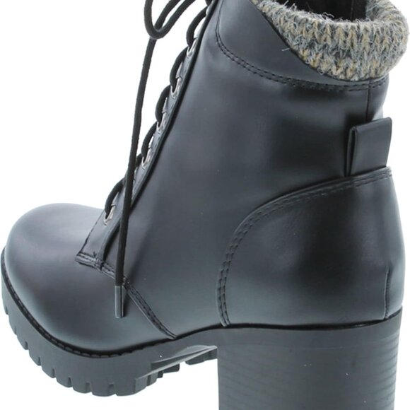 Chunky Heel Combat Ankle Boot Women Rubber Lug Sole Lace Zipper Black - Picture 3 of 8